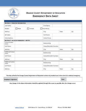 Orange County Employee Emergency Data Sheet