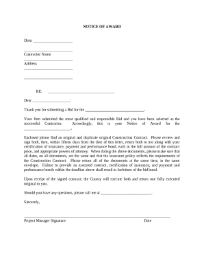 Notice of Award for Construction Contract