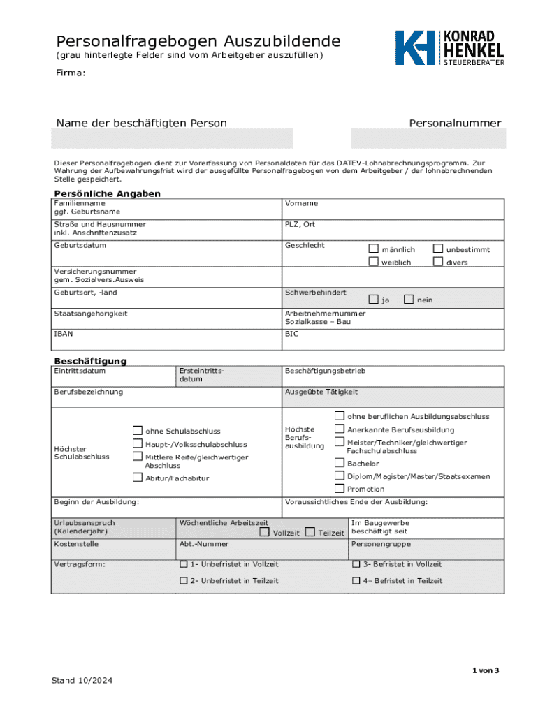 Personalfragebogen Auszubildende - Leere ausfüllbare Vorlage ...