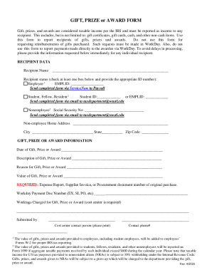 Gift Prize Award Tax Reporting Form
