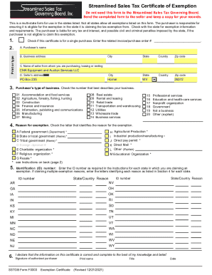 Streamlined Sales Tax Exemption Certificate