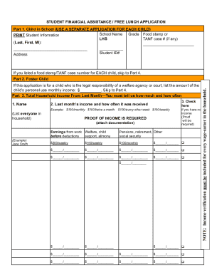 Student Financial Assistance Free Lunch Application