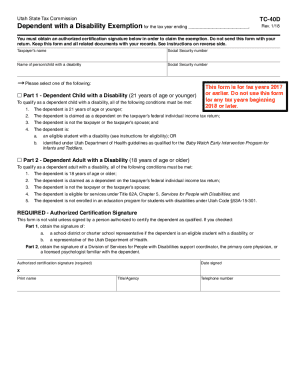 Utah Dependent with a Disability Exemption Form TC-40D
