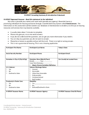 VI-SPDAT Screening Summary & Introduction Statement