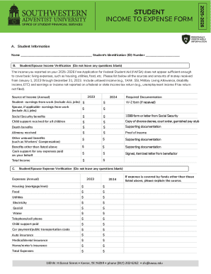 Student Income to Expense Form