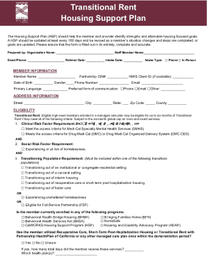 Housing Support Plan for Transitional Rent