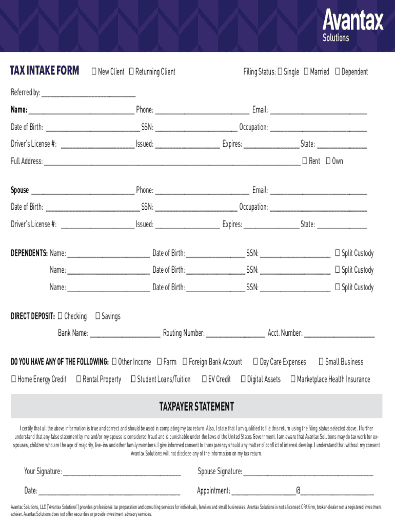Tax Intake Form - Blank Fillable Template | Fill Out, Print & Download ...