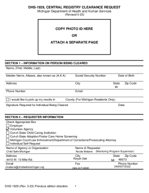 Michigan Central Registry Clearance Request