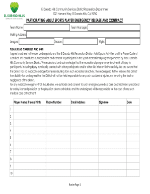Participating Adult Sports Player Emergency Release and Contract
