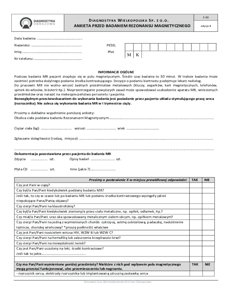 Medical MRI Questionnaire Form - Blank Fillable Template | Fill Out ...