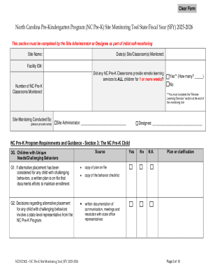 North Carolina Pre-K Site Monitoring Tool