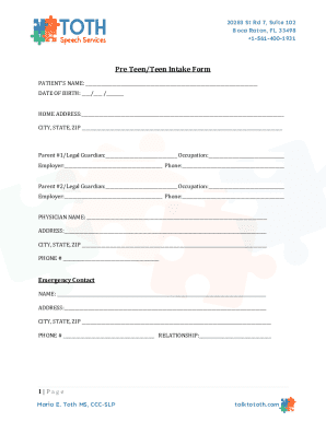 Pre Teen/Teen Intake Form