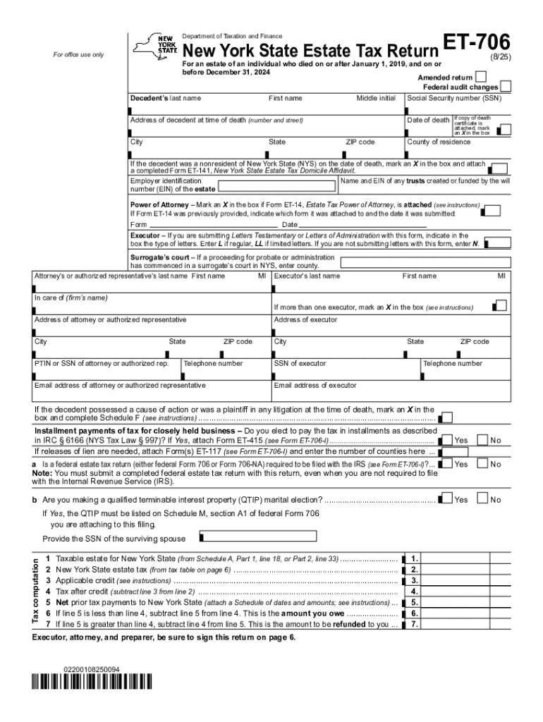 Form ET-706 New York State Estate Tax Return for an estate of an individual who died on or after Jan Preview on Page 1