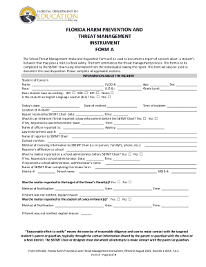 Florida Harm Prevention and Threat Management Instrument Form A