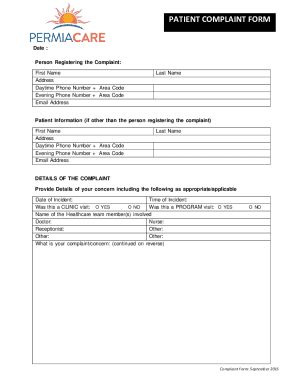Patient Complaint Form