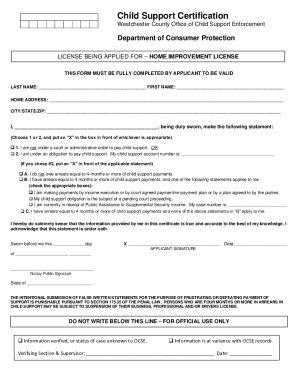 Child Support Certification for Home Improvement License