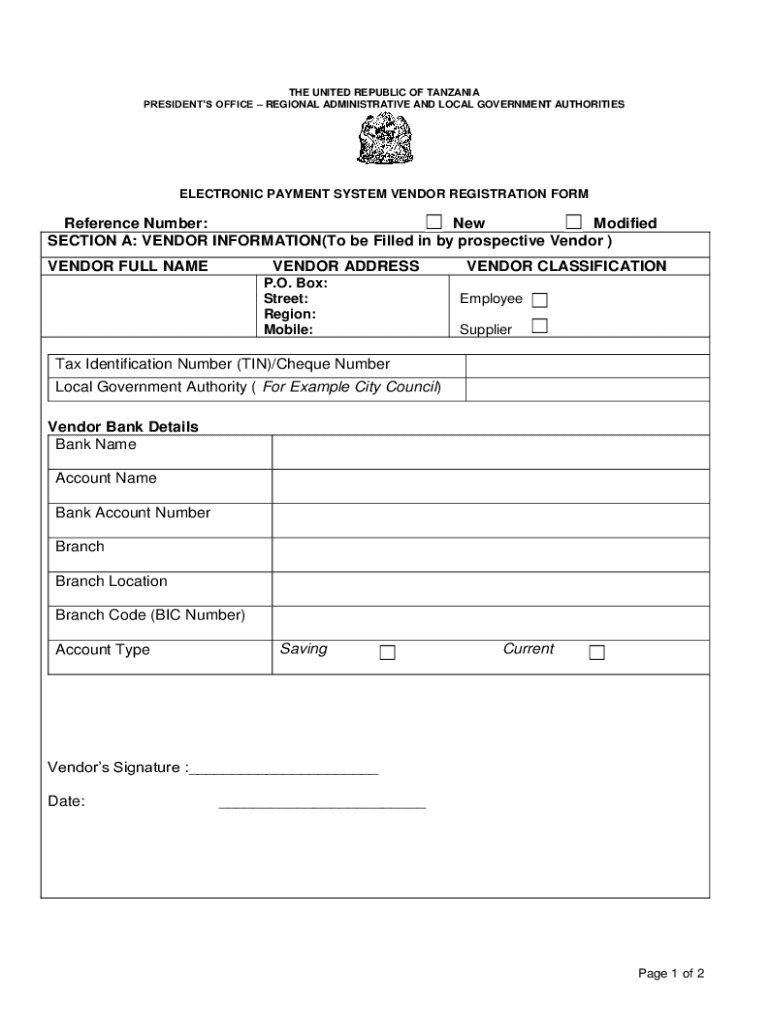 Tanzania Electronic Payment System Vendor Registration Form Preview on Page 1