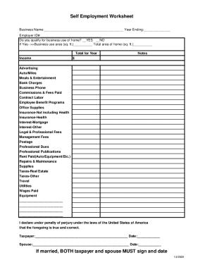 Self Employment Worksheet