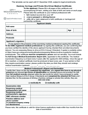 Hackney Carriage and Private Hire Driver Medical Certificate