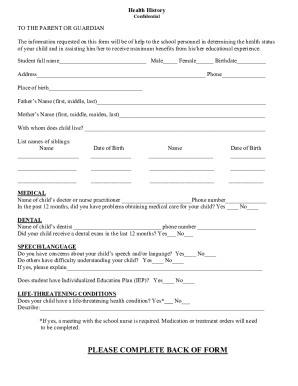 School Health History Form