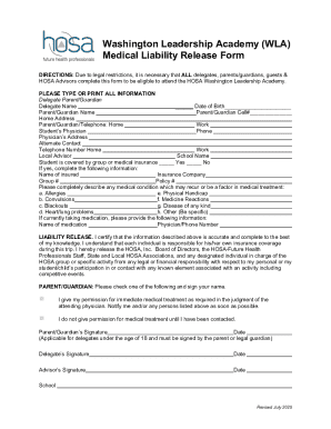 Washington Leadership Academy Medical Liability Release Form