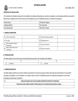 California Outdoor Lighting Certificate of Installation