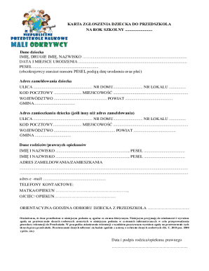 Child Enrollment Form for Kindergarten