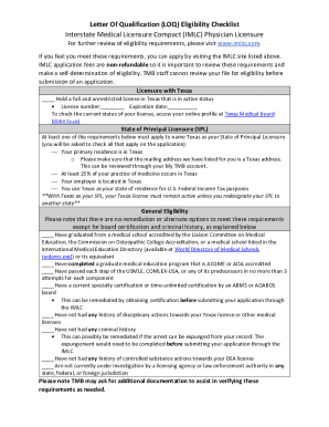 Interstate Medical Licensure Compact Physician Eligibility Checklist