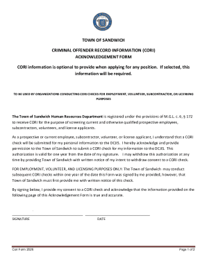 Criminal Offender Record Information (CORI) Acknowledgement Form