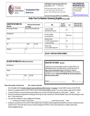 Texas Newborn Screening Supply Order Form