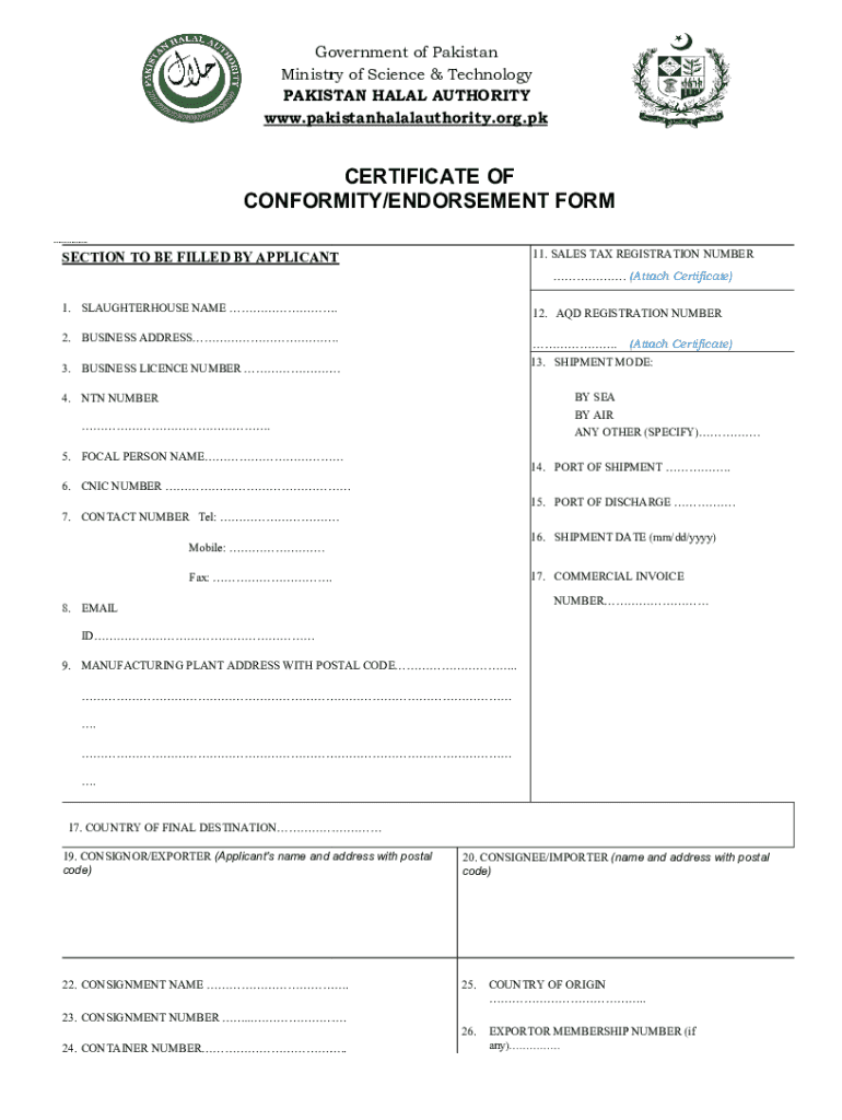 Pakistan Halal Authority Conformity Endorsement Form - Blank Fillable ...