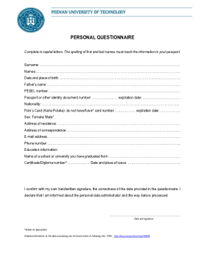 Personal Questionnaire Form