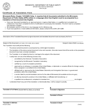 Minnesota Certificate of Translation Form