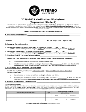 2026-2027 Verification Worksheet (Dependent Student)