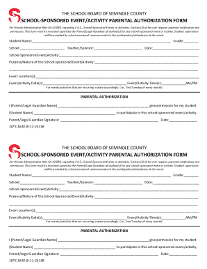 Seminole County School-Sponsored Event Parental Authorization Form