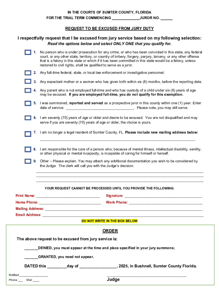 Florida Jury Duty Excusal Request - Blank Fillable Template | Fill Out ...