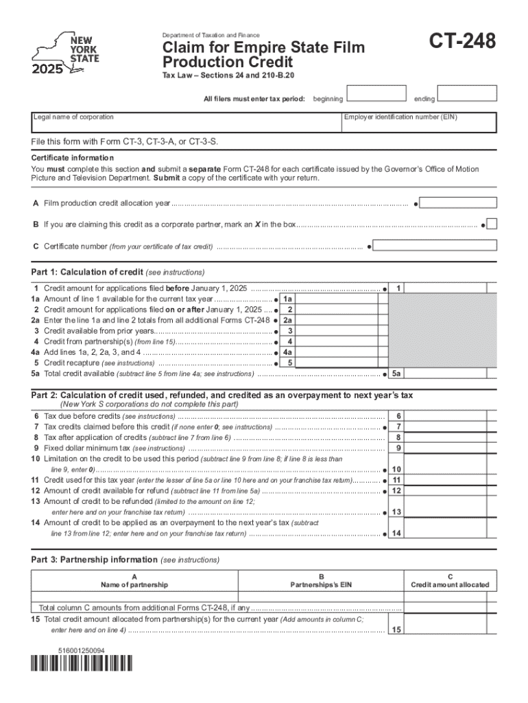 Form CT 248 Claim for Empire State Film Production Credit Preview on Page 1