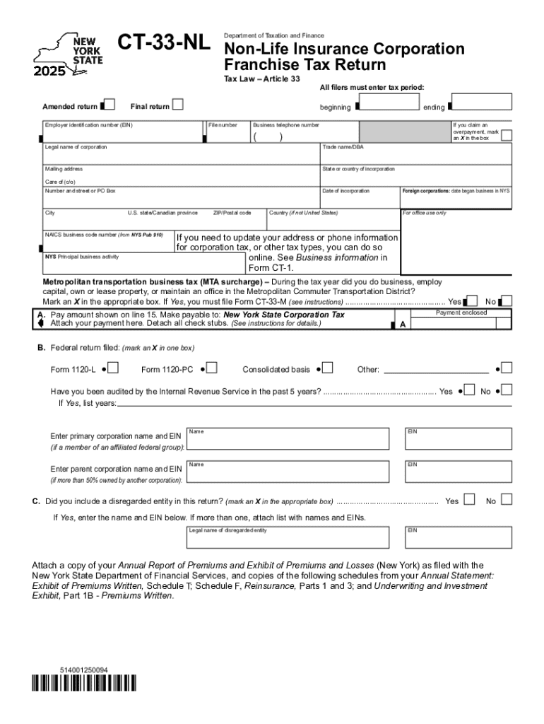 Form CT-33 Life Insurance Corporation Franchise Tax Return Preview on Page 1
