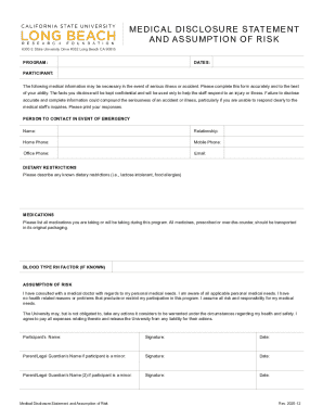 Medical Disclosure Statement and Assumption of Risk