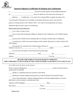 Sponsor/godparent certification for baptism and confirmation