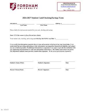 2026-2027 Student Cash/Checking/Savings Form