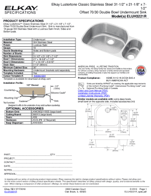 Elkay Lustertone Classic Stainless Steel Sink Specifications