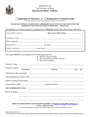Maine Temporary Plate Extension Application