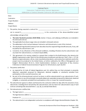 Contractor Subcontractor Agreement and Fringe Benefit Summary Form