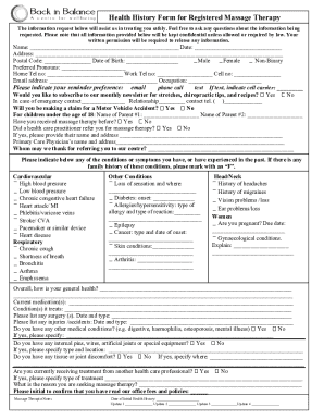 Health History Form for Massage Therapy