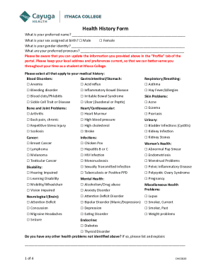 Ithaca College Health History Form