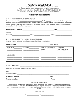 Port Jervis School District Medication Release Form