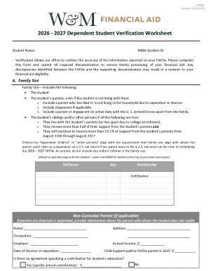 2026-2027 Dependent Student Verification Worksheet