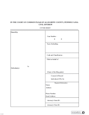 Pennsylvania Civil Pleading Cover Sheet