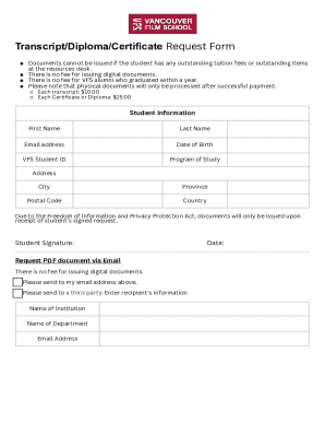 VFS Transcript/Diploma/Certificate Request Form